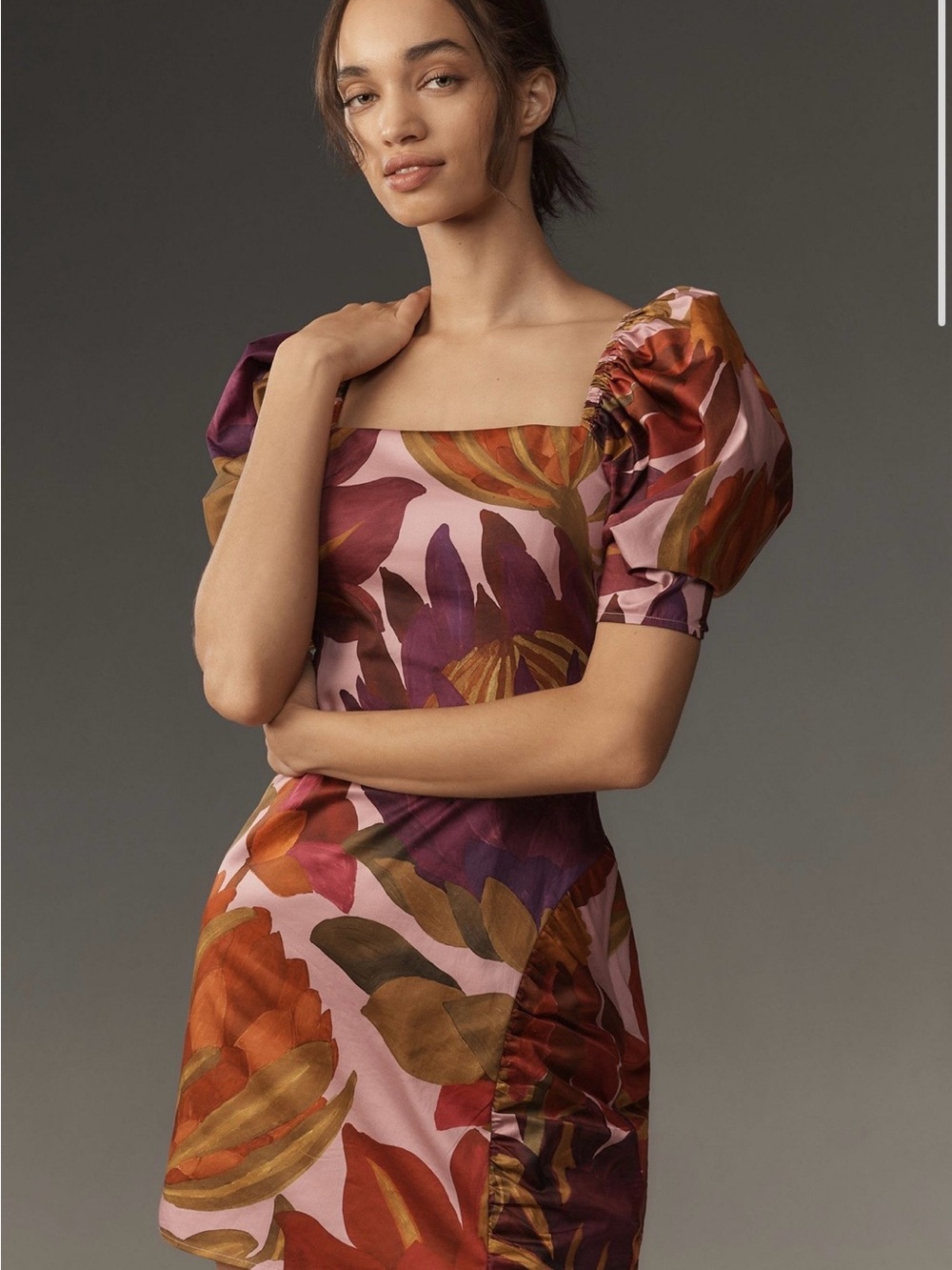 Farm Rio Puff-Sleeve Square-Neck Tropical Print Mini Dress